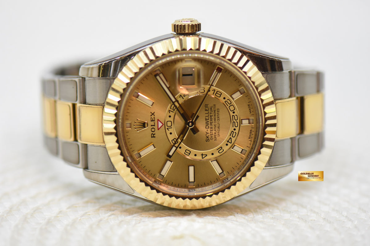 [SOLD] ROLEX OYSTER PERPETUAL SKY-DWELLER ANNUAL CALENDAR GMT GOLD / STEEL CHAMPAGNE GOLD DIAL 326933 (MINT-RX8 STICKERS ON)