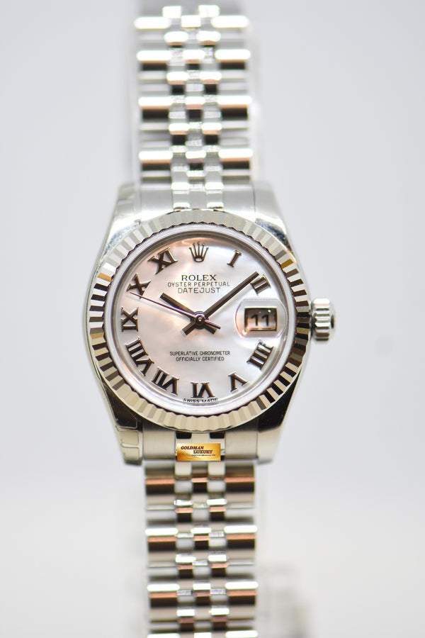 [SOLD] ROLEX OYSTER DATEJUST 26mm STEEL IN JUBILEE BRACELET MOP ROMAN DIAL 179174 (MINT)