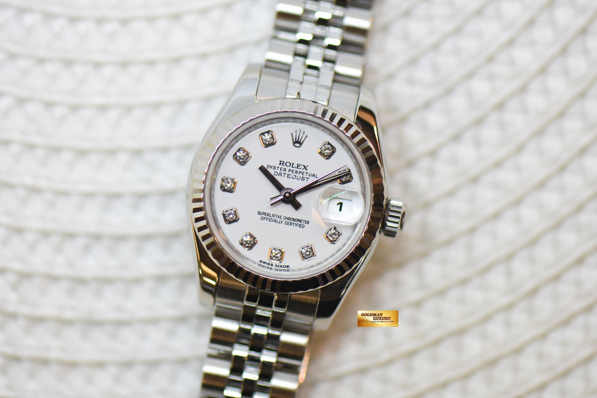 [SOLD] ROLEX OYSTER DATEJUST 26mm STEEL IN JUBILEE BRACELET WHITE DIAMOND DIAL 179174 (MINT)