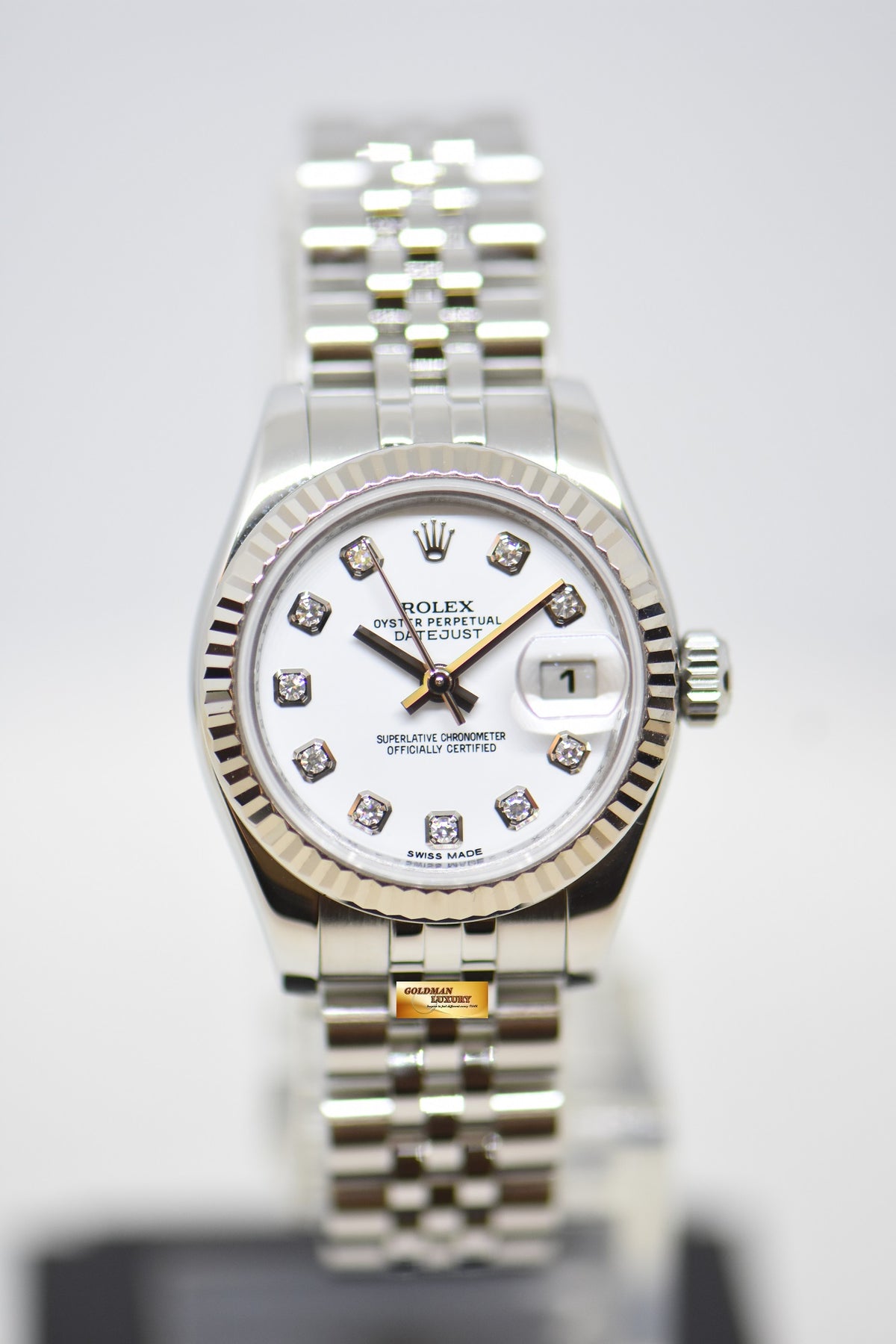 [SOLD] ROLEX OYSTER DATEJUST 26mm STEEL IN JUBILEE BRACELET WHITE DIAMOND DIAL 179174 (MINT)