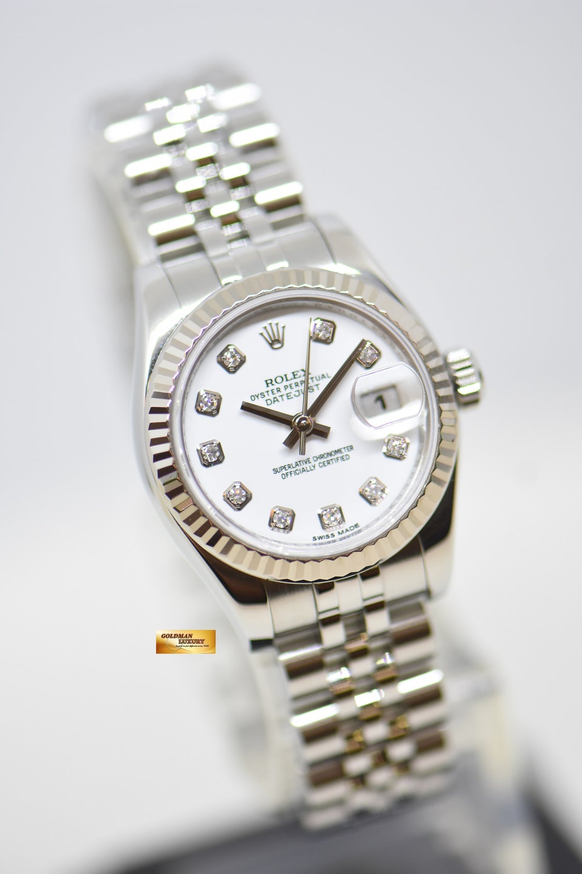 [SOLD] ROLEX OYSTER DATEJUST 26mm STEEL IN JUBILEE BRACELET WHITE DIAMOND DIAL 179174 (MINT)