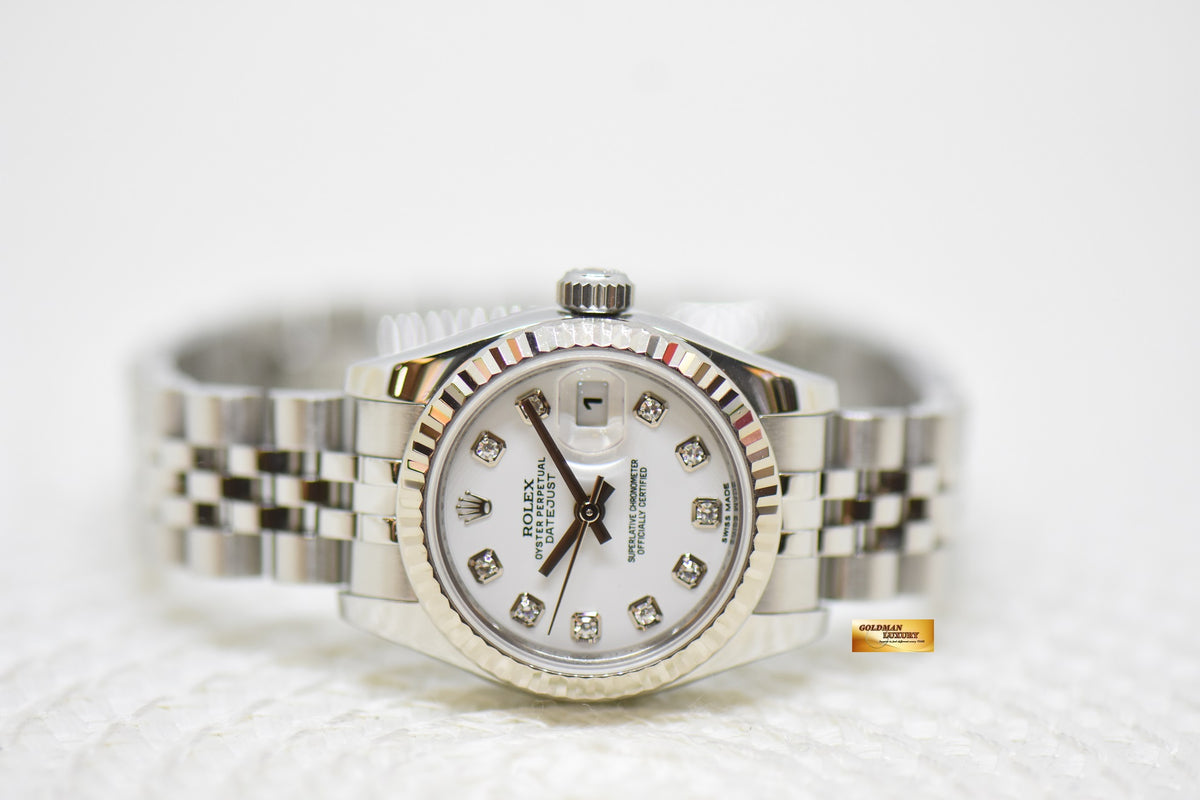 [SOLD] ROLEX OYSTER DATEJUST 26mm STEEL IN JUBILEE BRACELET WHITE DIAMOND DIAL 179174 (MINT)