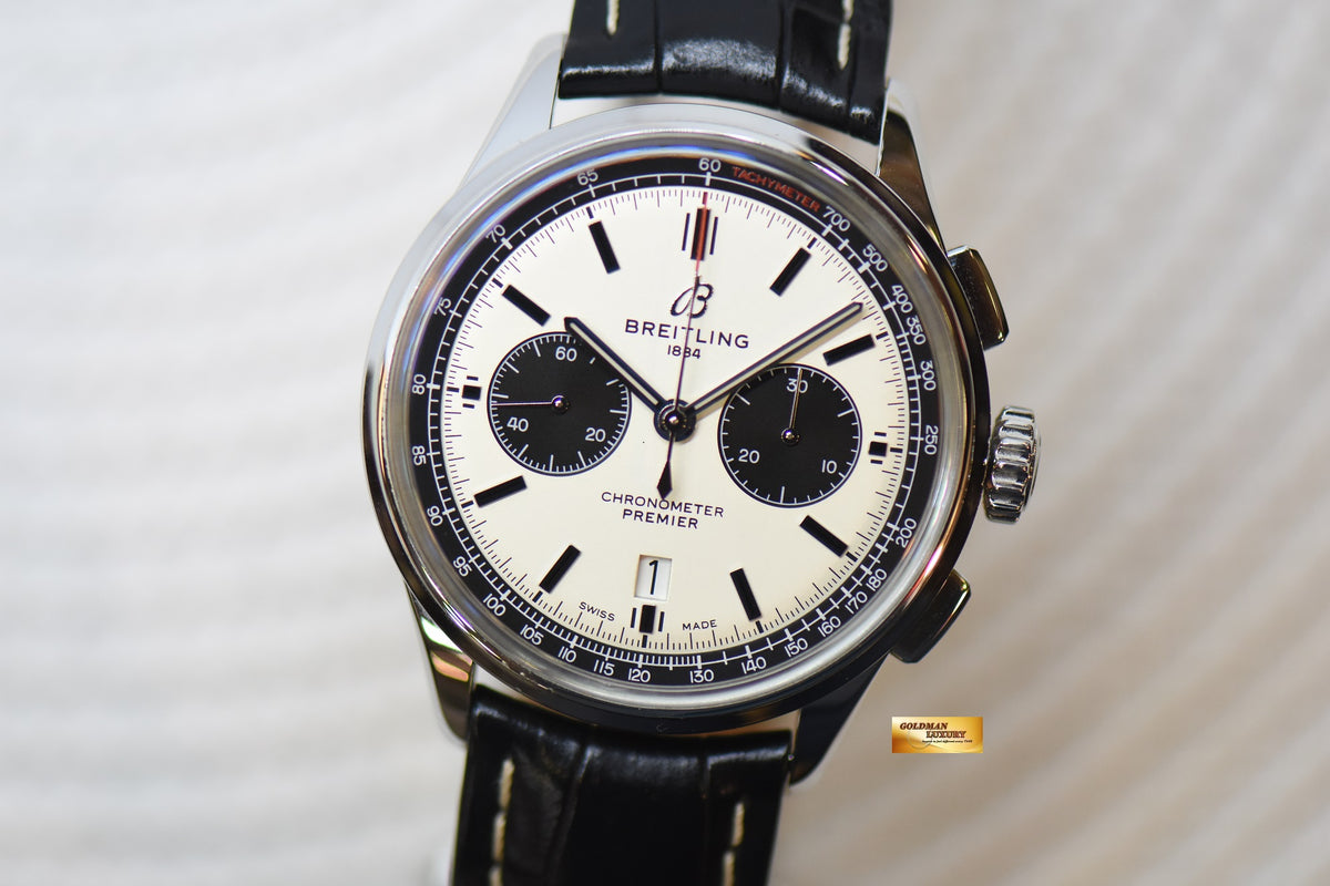 [SOLD] BREITLING PREMIER B01 CHRONOGRAPH 42mm STEEL IN LEATHER STRAP CREAM DIAL AB0118 (MINT)