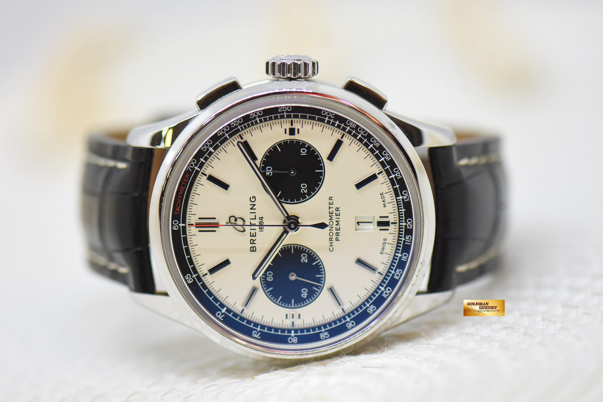 [SOLD] BREITLING PREMIER B01 CHRONOGRAPH 42mm STEEL IN LEATHER STRAP CREAM DIAL AB0118 (MINT)