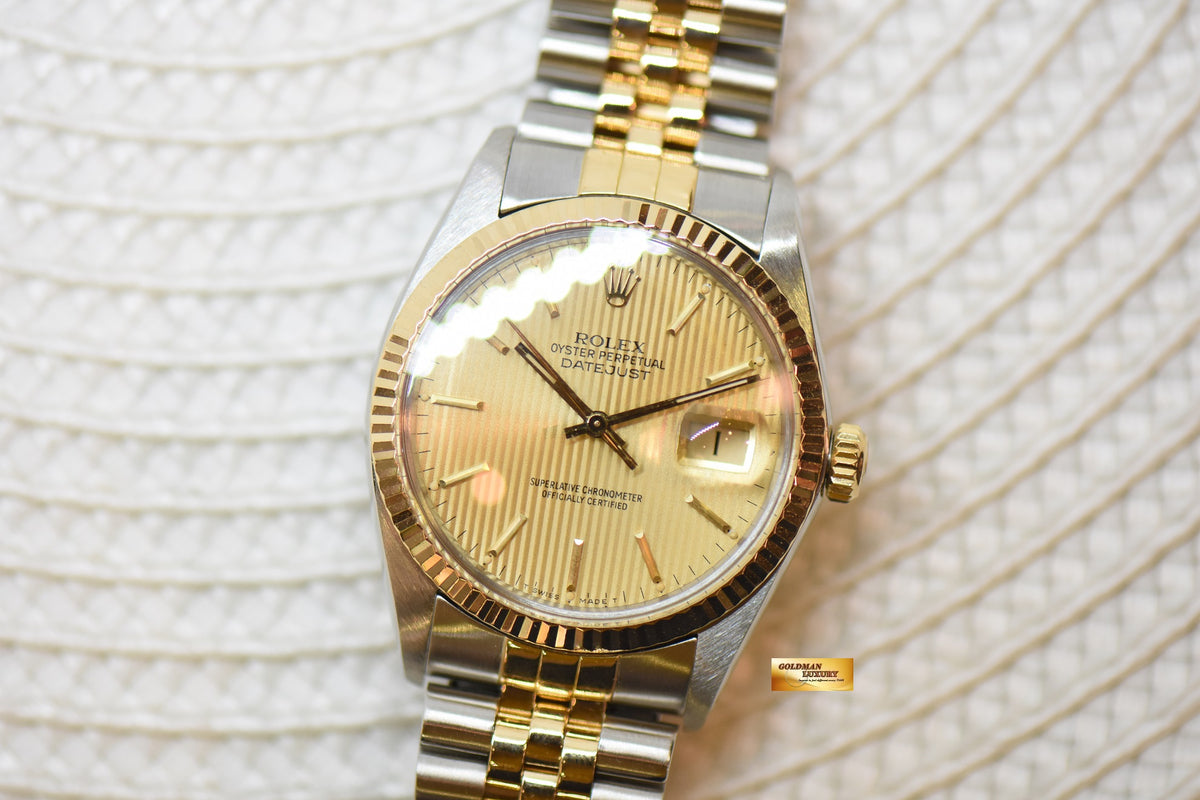 [SOLD] ROLEX OYSTER DATEJUST 36mm HALF-GOLD IN JUBILEE BRACELET GOLD TAPESTRY DIAL 16013 (QUICKSET-DATE) (VINTAGE)