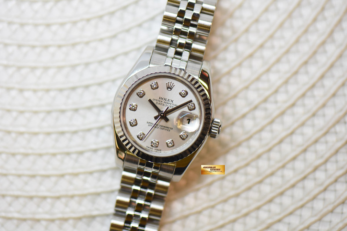 [SOLD] ROLEX OYSTER DATEJUST 26mm STEEL IN JUBILEE BRACELET SILVER DIAMOND DIAL 179174 (MINT)