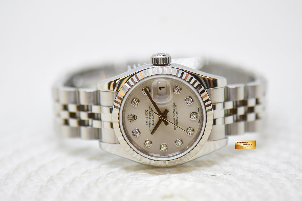 [SOLD] ROLEX OYSTER DATEJUST 26mm STEEL IN JUBILEE BRACELET SILVER DIAMOND DIAL 179174 (MINT)