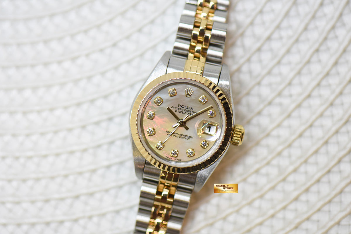 [SOLD] ROLEX OYSTER PERPETUAL DATEJUST 26mm MOP DIAMOND DIAL HALF GOLD IN JUBILEE BRACELET 79173 (MINT)