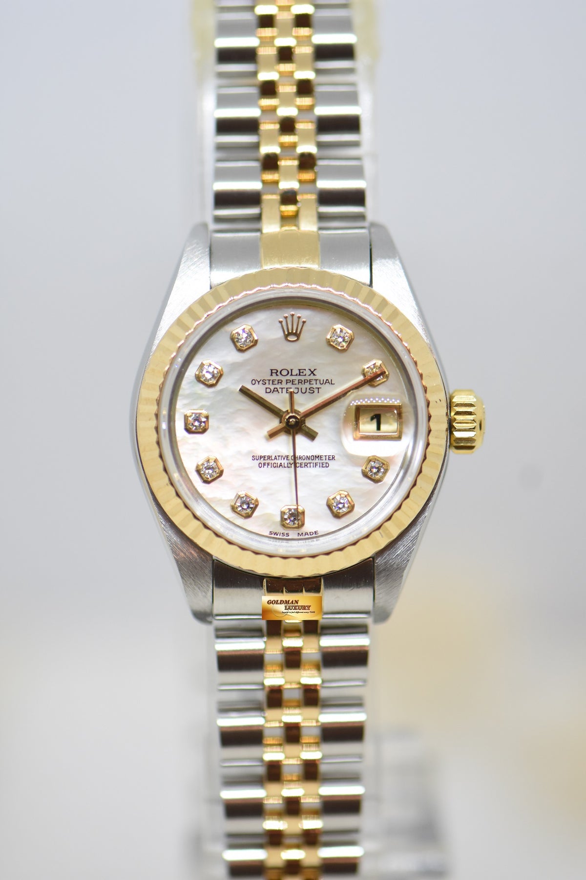 [SOLD] ROLEX OYSTER PERPETUAL DATEJUST 26mm MOP DIAMOND DIAL HALF GOLD IN JUBILEE BRACELET 79173 (MINT)