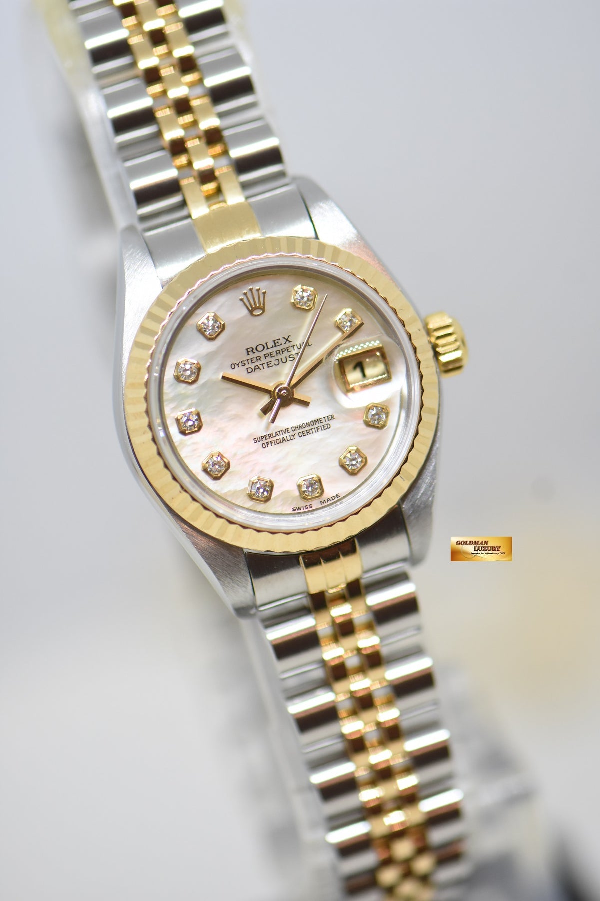 [SOLD] ROLEX OYSTER PERPETUAL DATEJUST 26mm MOP DIAMOND DIAL HALF GOLD IN JUBILEE BRACELET 79173 (MINT)