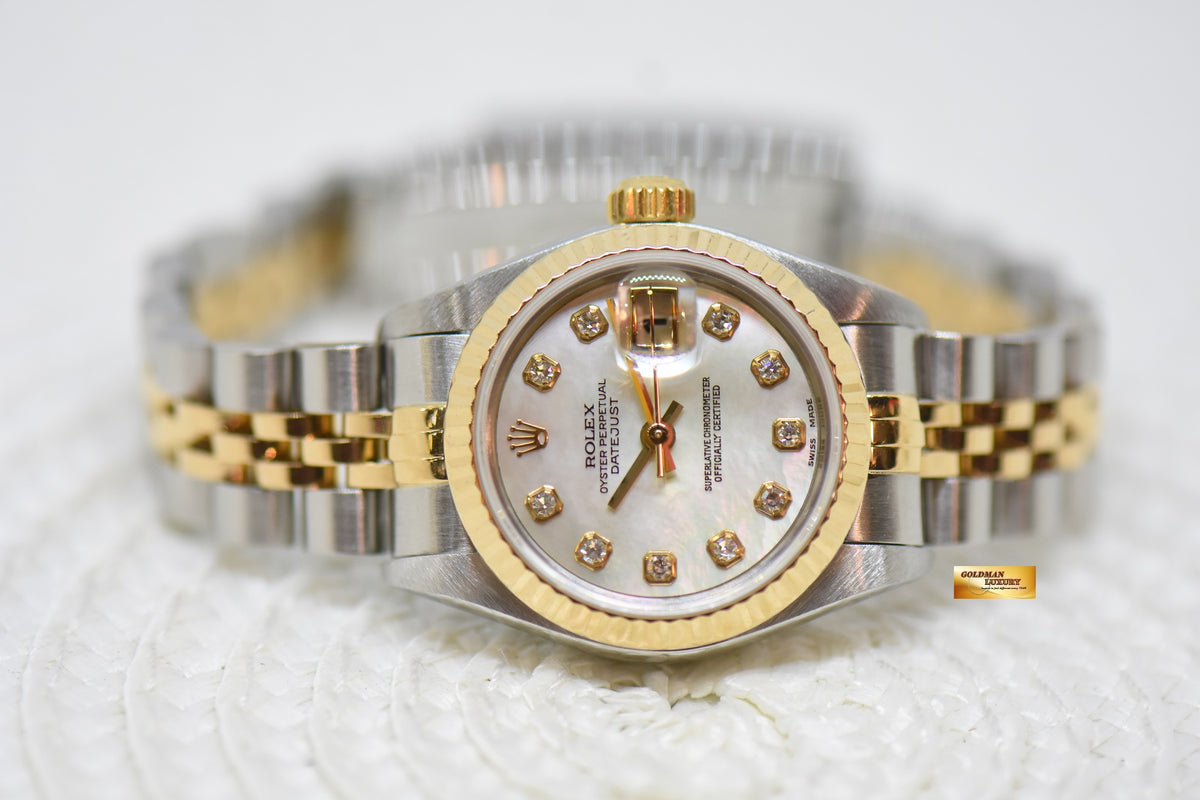 [SOLD] ROLEX OYSTER PERPETUAL DATEJUST 26mm MOP DIAMOND DIAL HALF GOLD IN JUBILEE BRACELET 79173 (MINT)