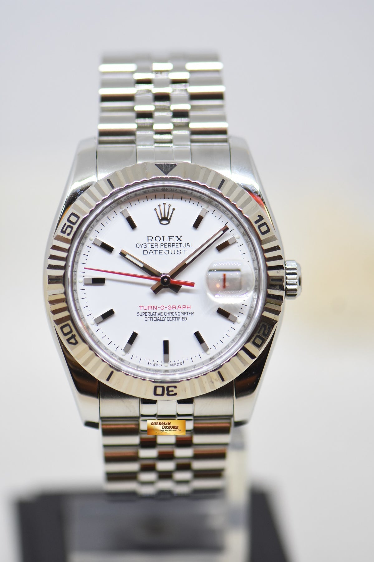 [SOLD] ROLEX OYSTER DATEJUST 36mm TURN-O-GRAPH STEEL IN JUBILEE BRACELET WHITE DIAL 116264 (MINT)