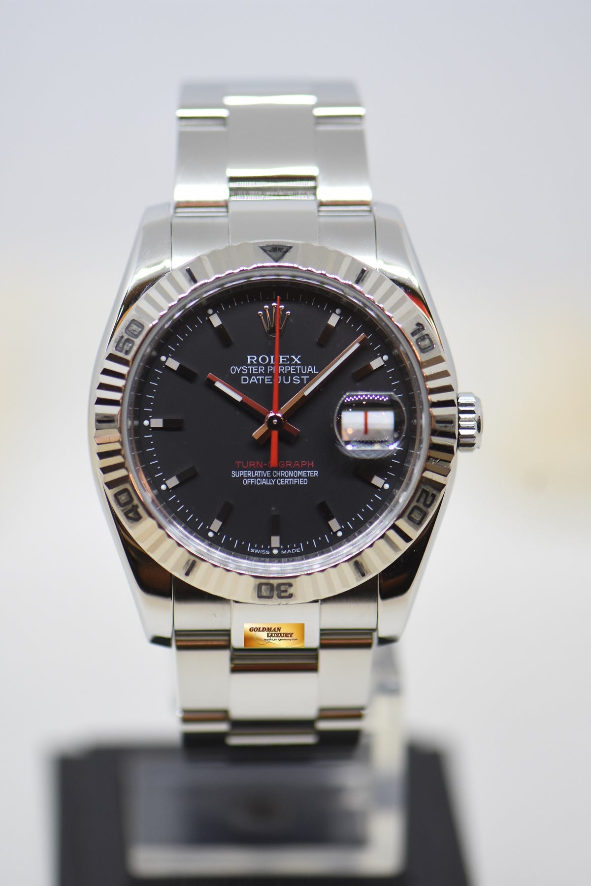 [SOLD] ROLEX OYSTER DATEJUST 36mm TURN-O-GRAPH STEEL IN OYSTER BRACELET BLACK DIAL 116264 (MINT)