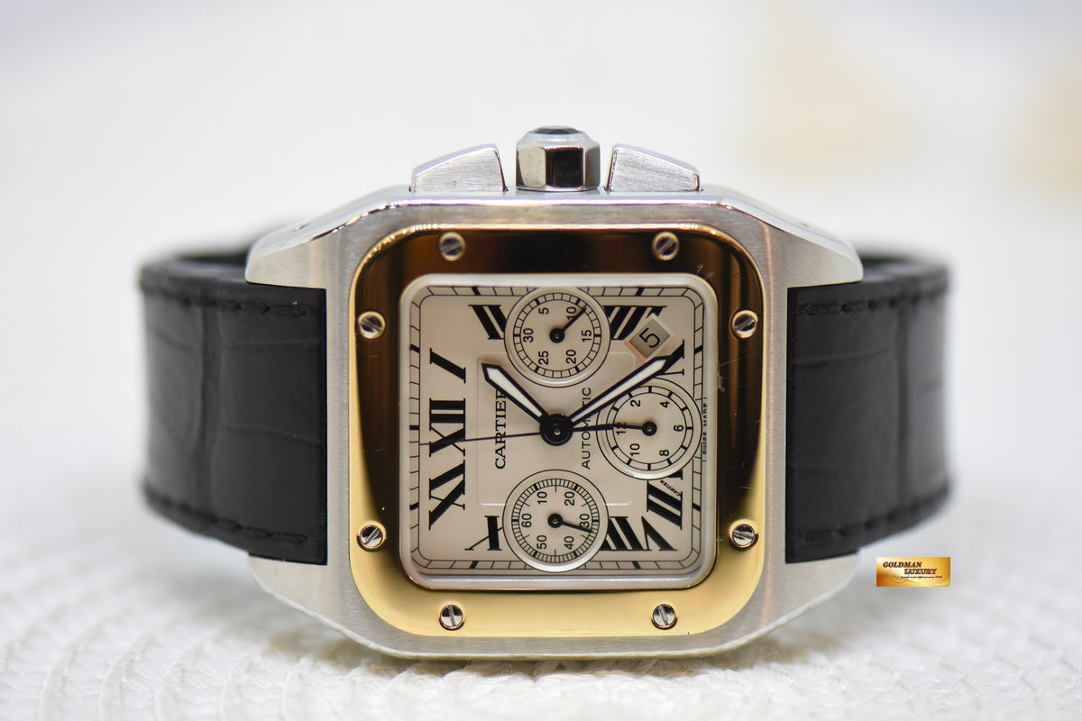 [SOLD] CARTIER SANTOS 100XL HALF-GOLD CHRONOGRAPH IN LEATHER STRAP AUTOMATIC 2740 (MINT)