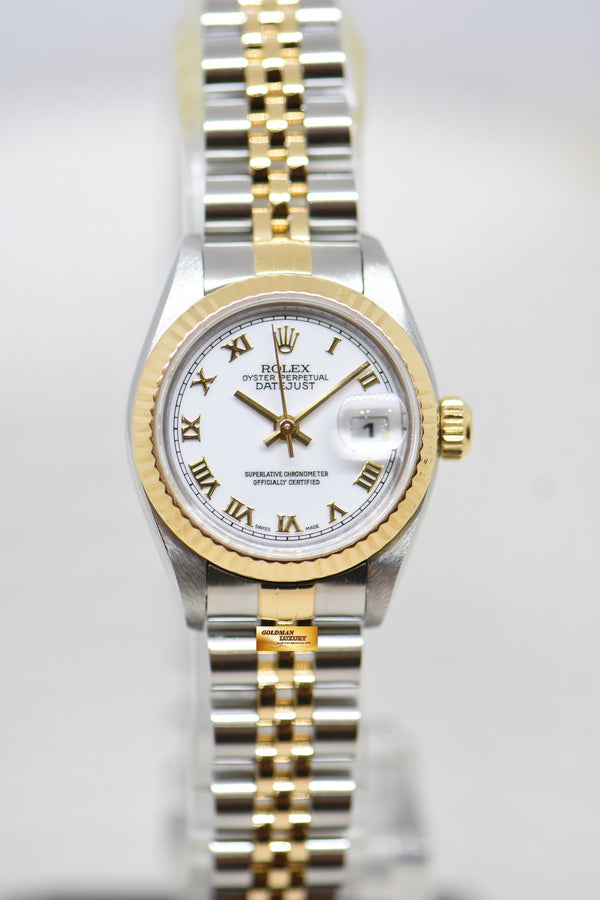 [SOLD] ROLEX OYSTER DATEJUST 26mm HALF-GOLD IN JUBILEE BRACELET WHITE ROMAN DIAL 69173 (MINT)