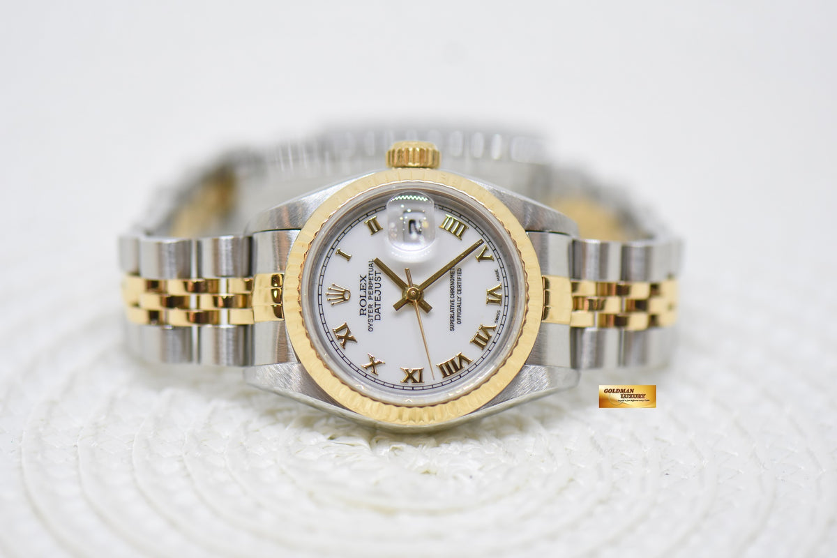 [SOLD] ROLEX OYSTER DATEJUST 26mm HALF-GOLD IN JUBILEE BRACELET WHITE ROMAN DIAL 69173 (MINT)