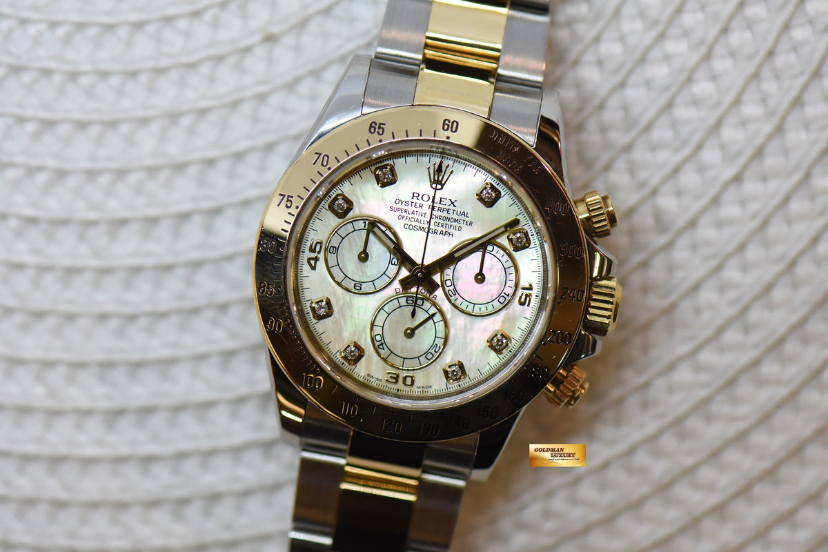 [SOLD] ROLEX OYSTER DAYTONA CHRONOGRAPH 40mm GOLD / STEEL IN OYSTER BRACELET MOP DIAMOND DIAL 116523 (LONG CLASP) (MINT)