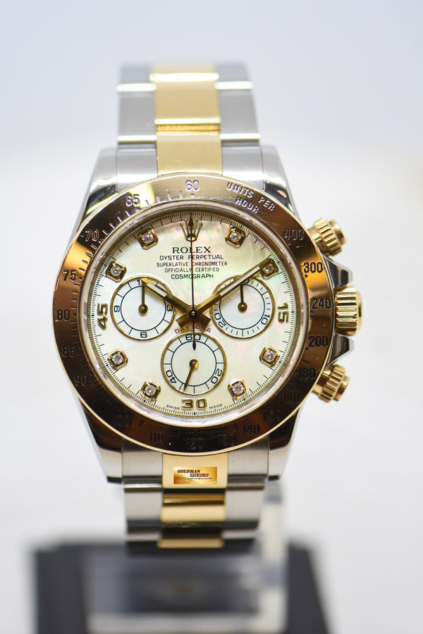 [SOLD] ROLEX OYSTER DAYTONA CHRONOGRAPH 40mm GOLD / STEEL IN OYSTER BRACELET MOP DIAMOND DIAL 116523 (LONG CLASP) (MINT)