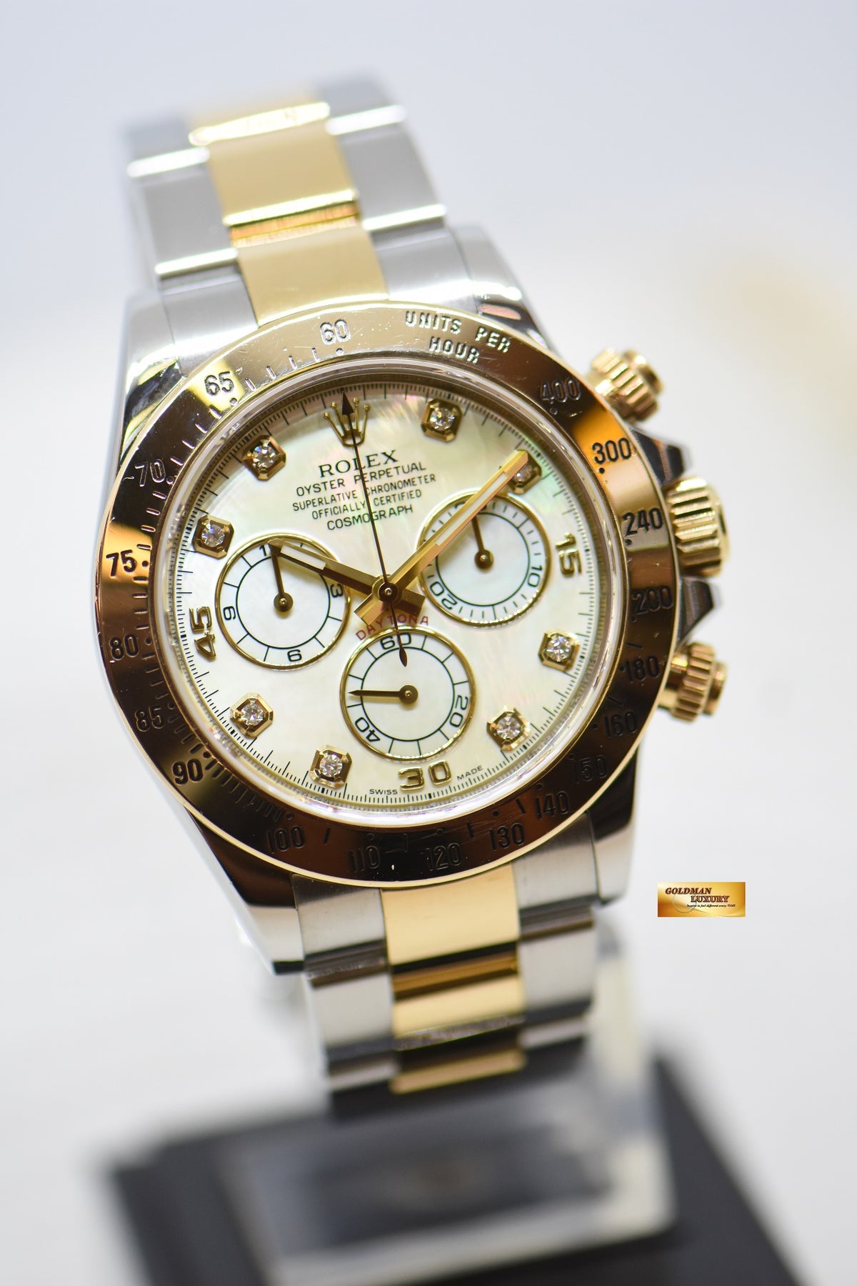 [SOLD] ROLEX OYSTER DAYTONA CHRONOGRAPH 40mm GOLD / STEEL IN OYSTER BRACELET MOP DIAMOND DIAL 116523 (LONG CLASP) (MINT)