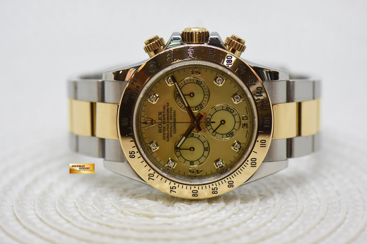 [SOLD] ROLEX OYSTER DAYTONA CHRONOGRAPH 40mm GOLD / STEEL IN OYSTER BRACELET MOP DIAMOND DIAL 116523 (LONG CLASP) (MINT)
