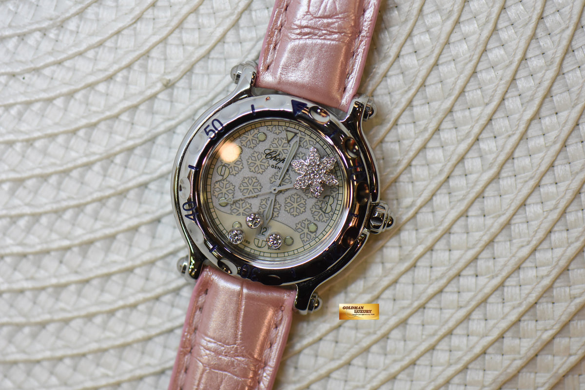 [SOLD] CHOPARD HAPPY SPORT 31mm SNOWFLAKE DIAMONDS STEEL IN LEATHER STRAP QUARTZ 27/8949 (MINT)