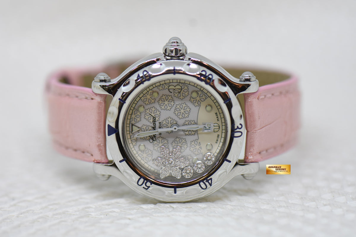 [SOLD] CHOPARD HAPPY SPORT 31mm SNOWFLAKE DIAMONDS STEEL IN LEATHER STRAP QUARTZ 27/8949 (MINT)