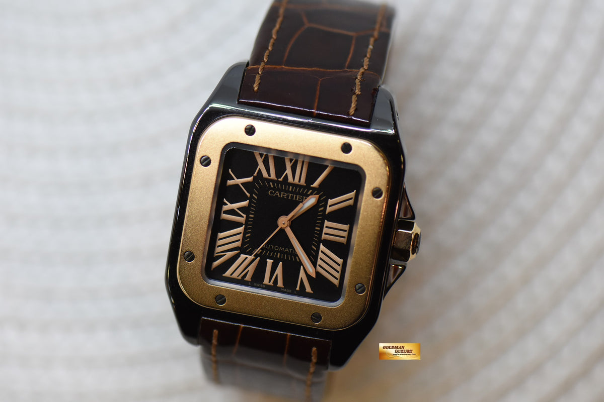 [SOLD] CARTIER SANTOS 100 MIDSIZE BLACK DLC / 18K ROSE GOLD IN LEATHER STRAP AUTOMATIC W2020007 (MINT)