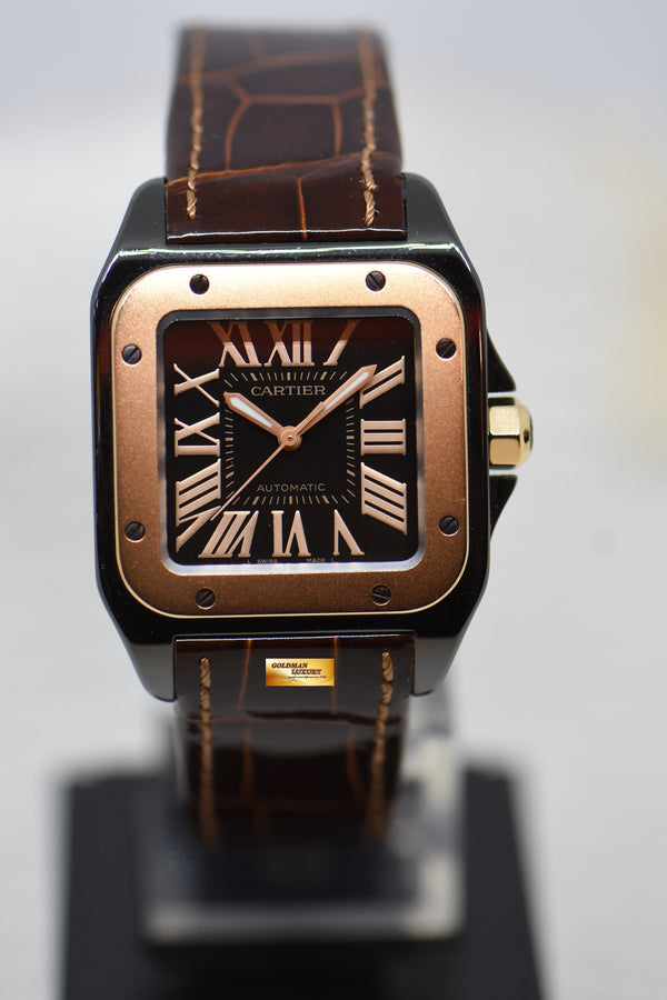 [SOLD] CARTIER SANTOS 100 MIDSIZE BLACK DLC / 18K ROSE GOLD IN LEATHER STRAP AUTOMATIC W2020007 (MINT)