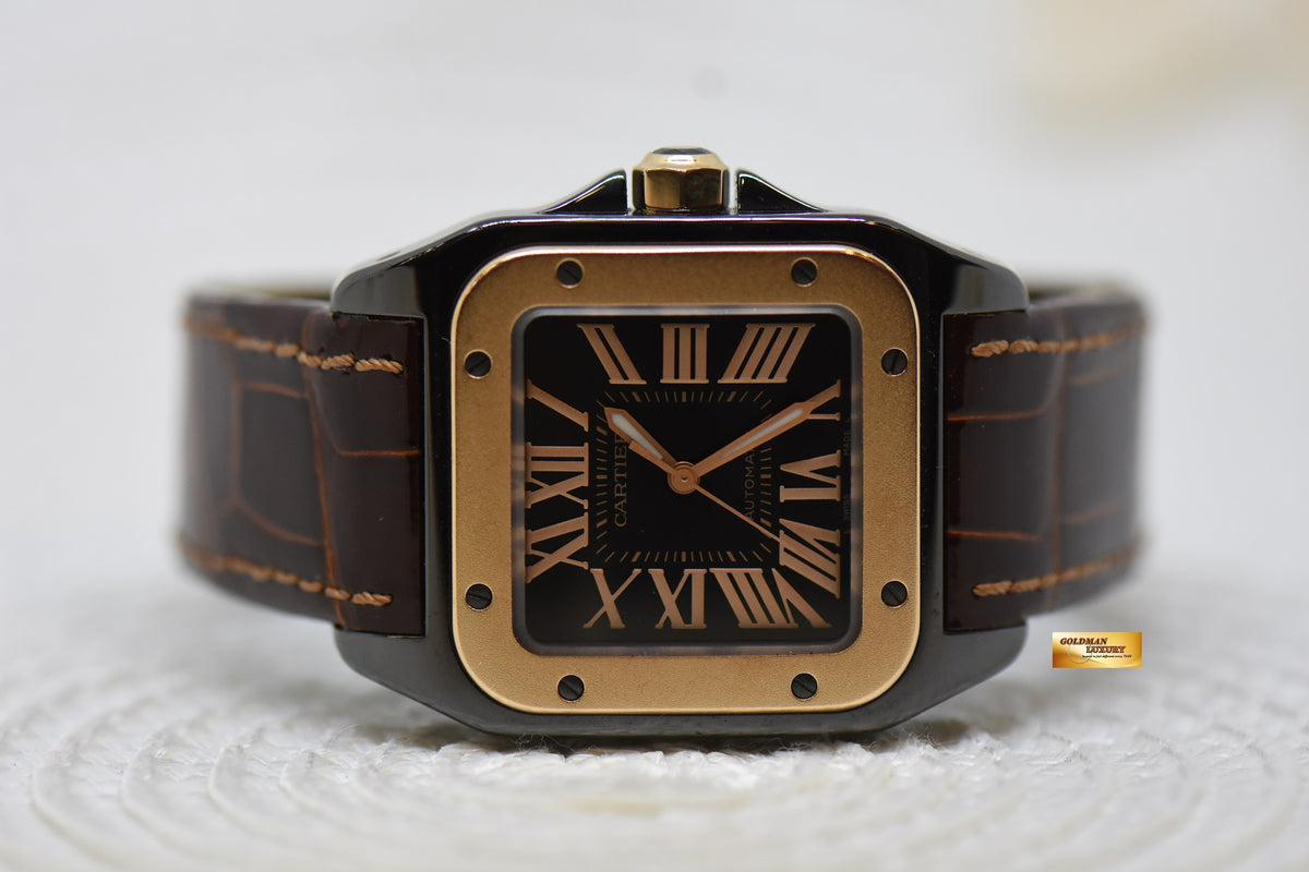 [SOLD] CARTIER SANTOS 100 MIDSIZE BLACK DLC / 18K ROSE GOLD IN LEATHER STRAP AUTOMATIC W2020007 (MINT)
