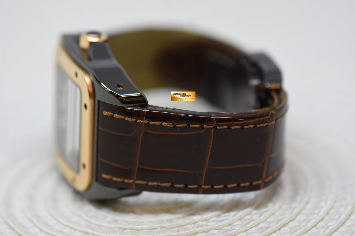 [SOLD] CARTIER SANTOS 100 MIDSIZE BLACK DLC / 18K ROSE GOLD IN LEATHER STRAP AUTOMATIC W2020007 (MINT)