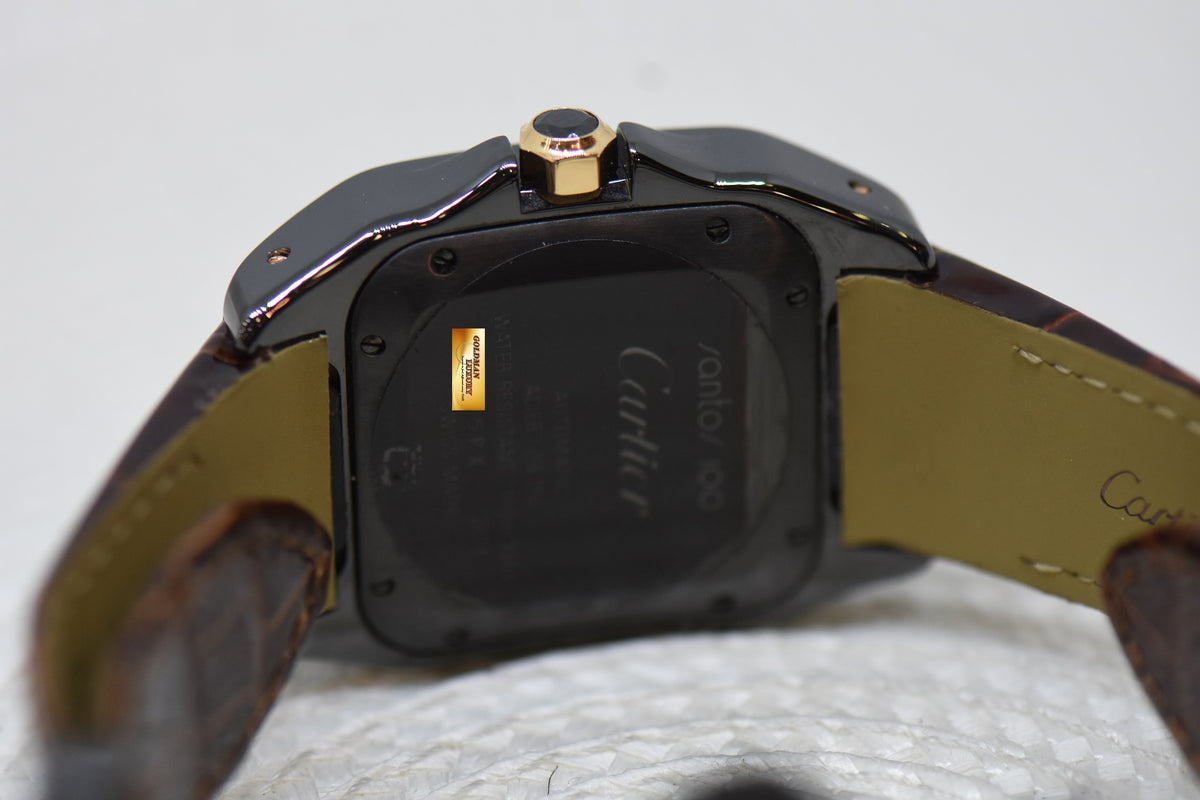 [SOLD] CARTIER SANTOS 100 MIDSIZE BLACK DLC / 18K ROSE GOLD IN LEATHER STRAP AUTOMATIC W2020007 (MINT)
