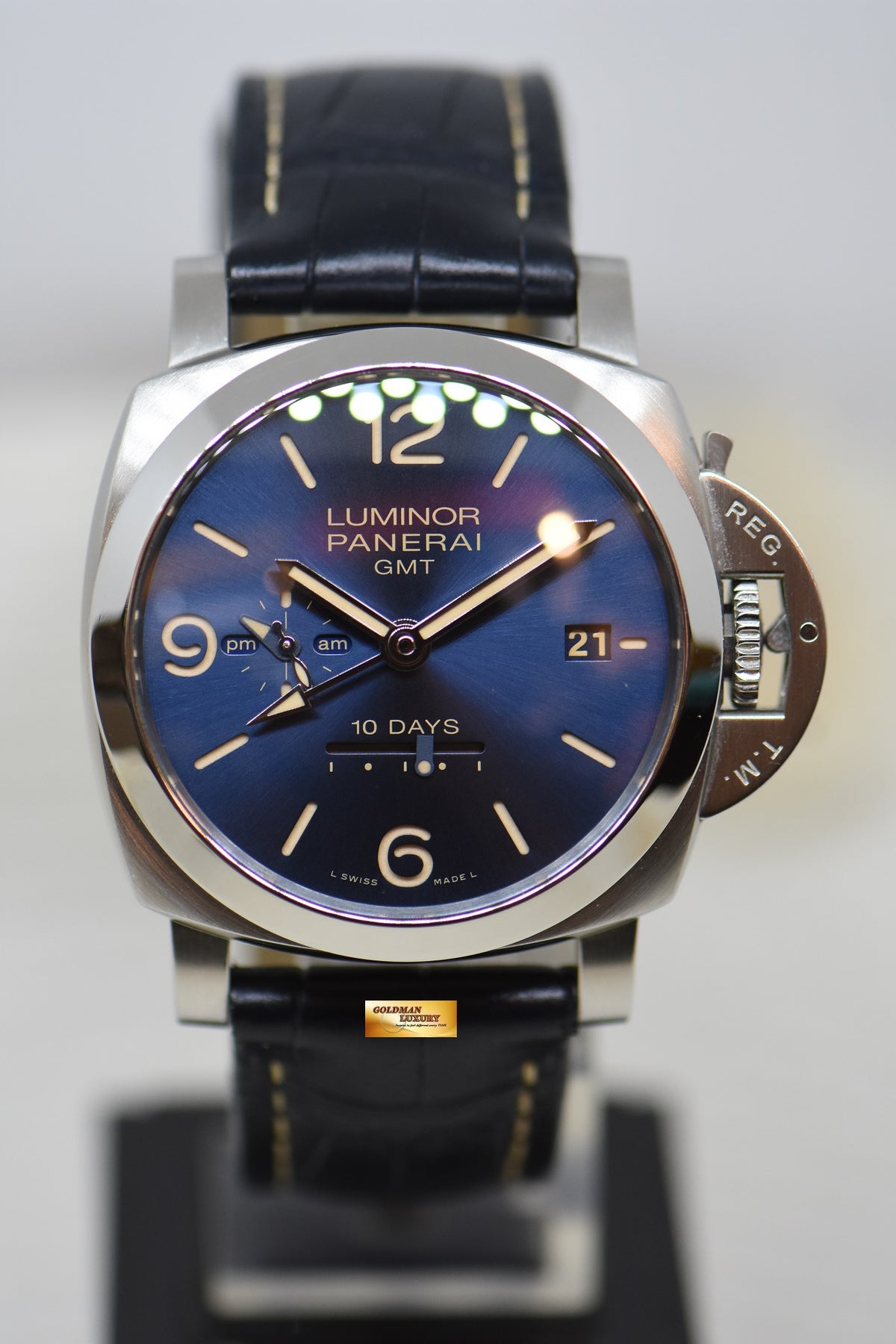 [SOLD] PANERAI LUMINOR 1950 10 DAYS GMT 44mm STEEL ACCIAIO DESIGN MIAMI EDITION AUTOMATIC PAM 986 BLUE DIAL (MINT)