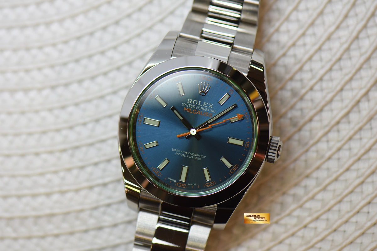 [SOLD] ROLEX OYSTER MILGAUSS 40mm Z-BLUE DIAL GREEN SAPPHIRE STEEL IN OYSTER BRACELET 116400GV (NEW-UNWORN)