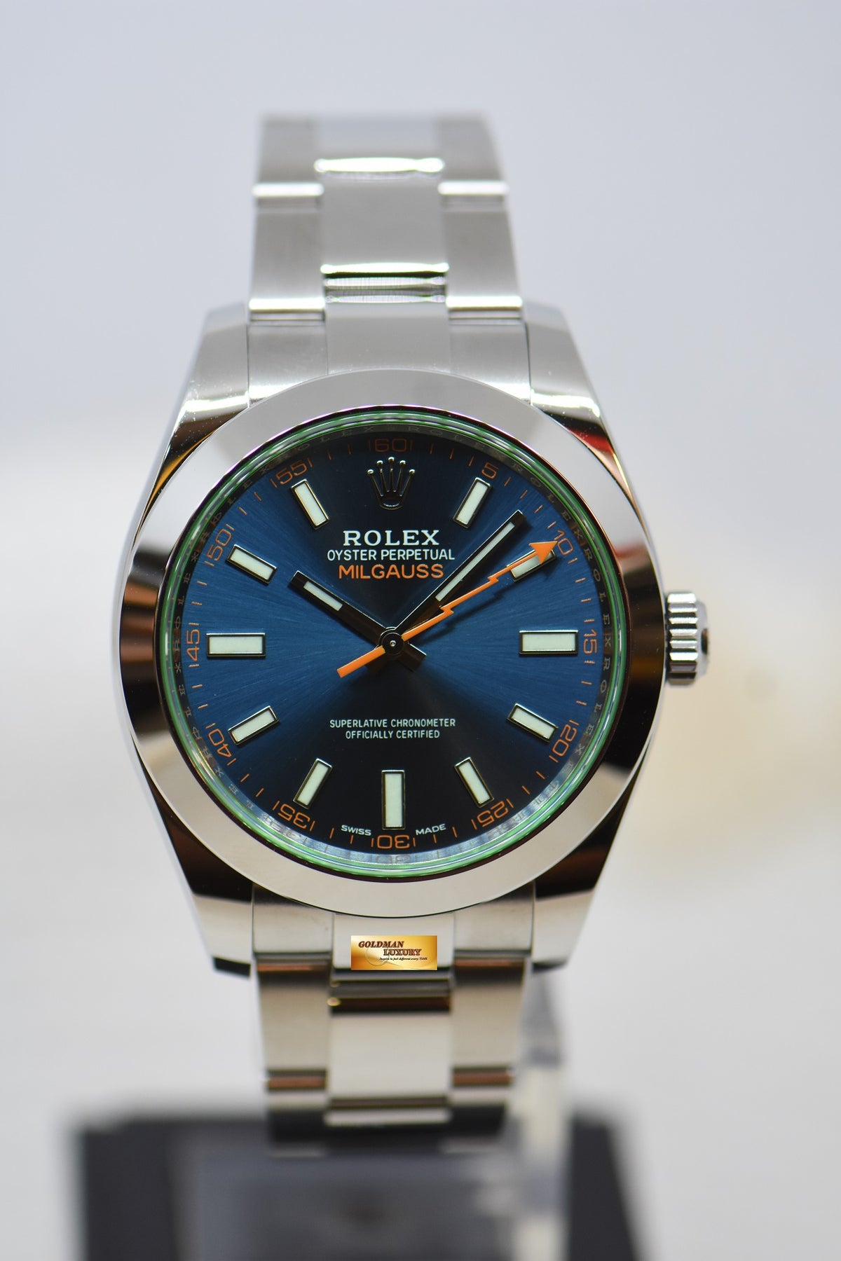 [SOLD] ROLEX OYSTER MILGAUSS 40mm Z-BLUE DIAL GREEN SAPPHIRE STEEL IN OYSTER BRACELET 116400GV (NEW-UNWORN)