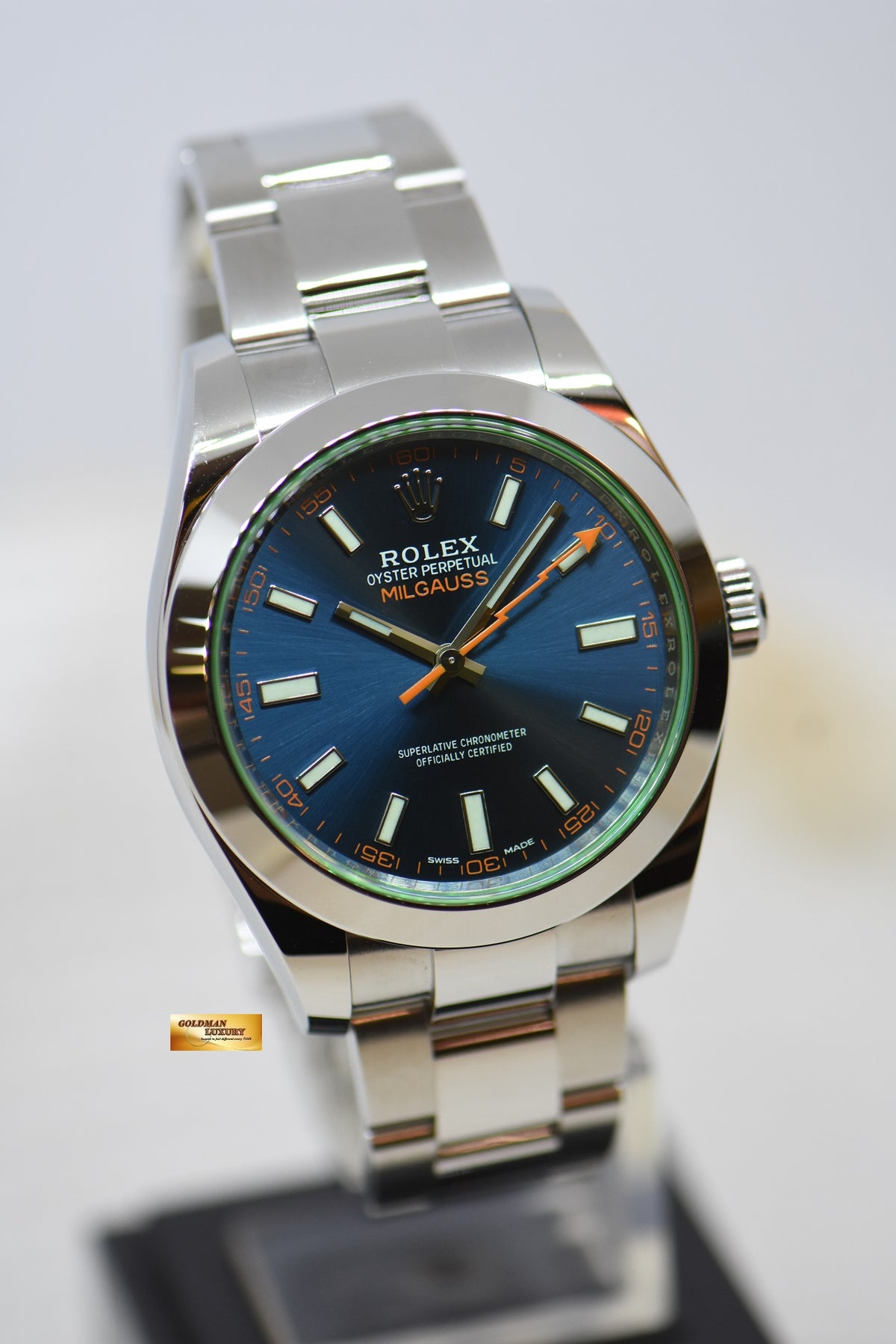 [SOLD] ROLEX OYSTER MILGAUSS 40mm Z-BLUE DIAL GREEN SAPPHIRE STEEL IN OYSTER BRACELET 116400GV (NEW-UNWORN)