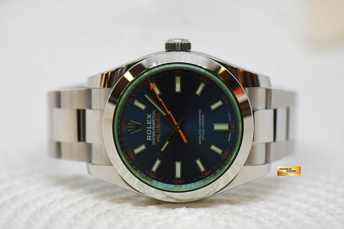 [SOLD] ROLEX OYSTER MILGAUSS 40mm Z-BLUE DIAL GREEN SAPPHIRE STEEL IN OYSTER BRACELET 116400GV (NEW-UNWORN)