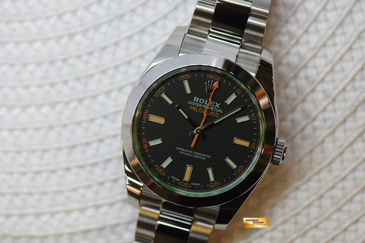 [SOLD] ROLEX OYSTER MILGAUSS 40mm BLACK DIAL GREEN SAPPHIRE STEEL IN OYSTER BRACELET 116400GV (NEW-UNWORN)