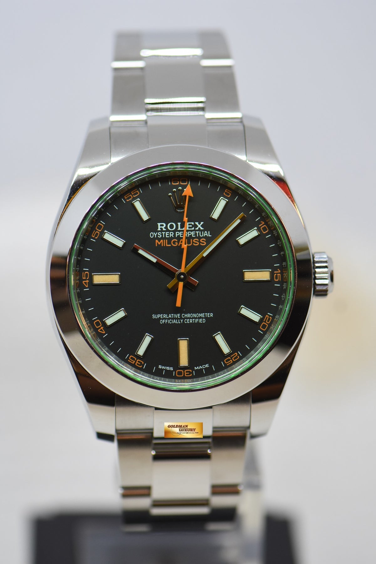 [SOLD] ROLEX OYSTER MILGAUSS 40mm BLACK DIAL GREEN SAPPHIRE STEEL IN OYSTER BRACELET 116400GV (NEW-UNWORN)