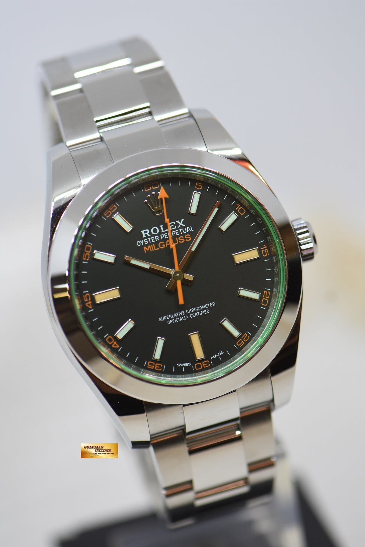 [SOLD] ROLEX OYSTER MILGAUSS 40mm BLACK DIAL GREEN SAPPHIRE STEEL IN OYSTER BRACELET 116400GV (NEW-UNWORN)