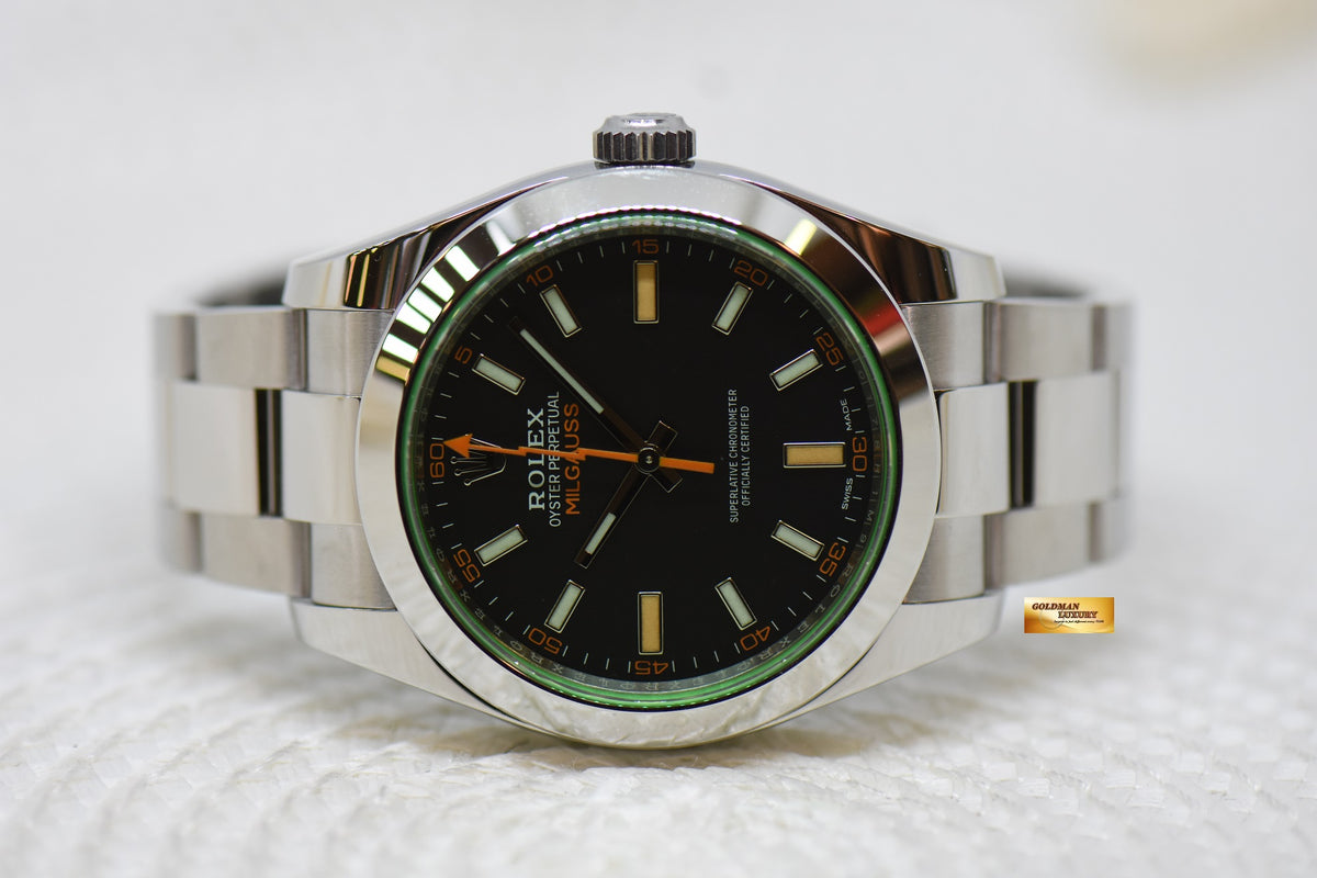 [SOLD] ROLEX OYSTER MILGAUSS 40mm BLACK DIAL GREEN SAPPHIRE STEEL IN OYSTER BRACELET 116400GV (NEW-UNWORN)