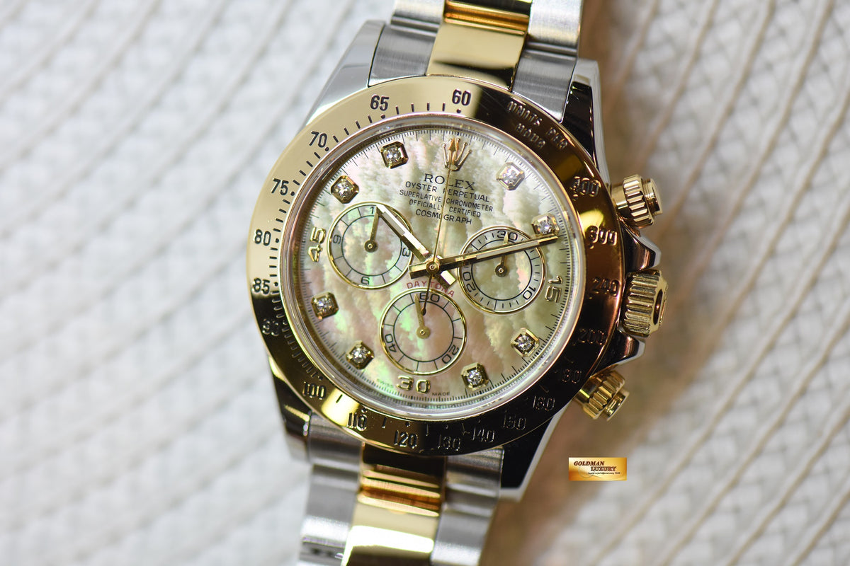 [SOLD] ROLEX OYSTER DAYTONA CHRONOGRAPH 40mm GOLD / STEEL IN OYSTER BRACELET MOP DIAMOND DIAL 116523 (LONG CLASP) (MINT)