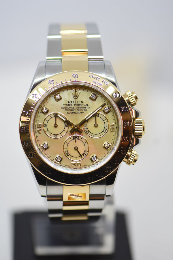 [SOLD] ROLEX OYSTER DAYTONA CHRONOGRAPH 40mm GOLD / STEEL IN OYSTER BRACELET MOP DIAMOND DIAL 116523 (LONG CLASP) (MINT)