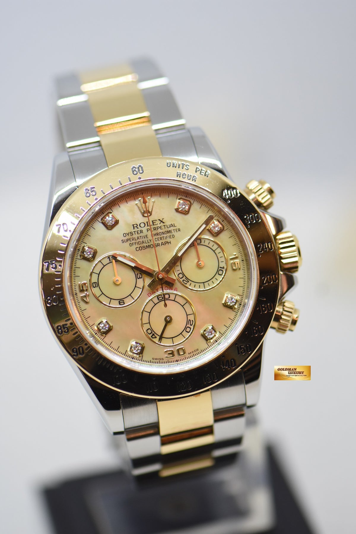 [SOLD] ROLEX OYSTER DAYTONA CHRONOGRAPH 40mm GOLD / STEEL IN OYSTER BRACELET MOP DIAMOND DIAL 116523 (LONG CLASP) (MINT)
