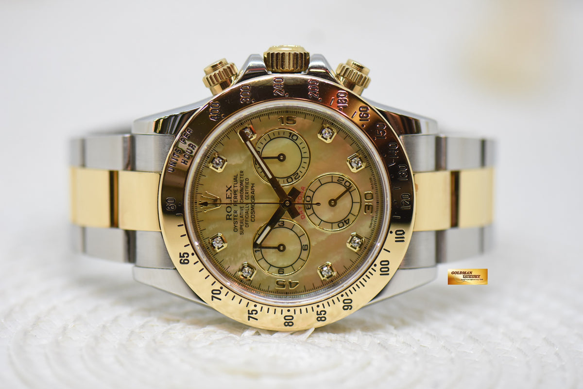 [SOLD] ROLEX OYSTER DAYTONA CHRONOGRAPH 40mm GOLD / STEEL IN OYSTER BRACELET MOP DIAMOND DIAL 116523 (LONG CLASP) (MINT)