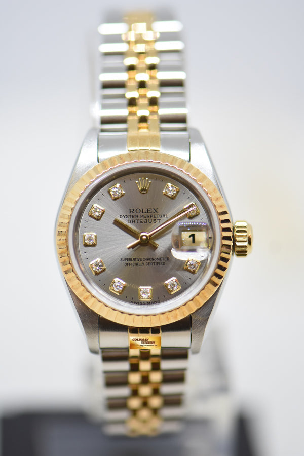 [SOLD] ROLEX OYSTER DATEJUST 26mm HALF-GOLD IN JUBILEE BRACELET SILVER DIAMOND DIAL 69173 (MINT)