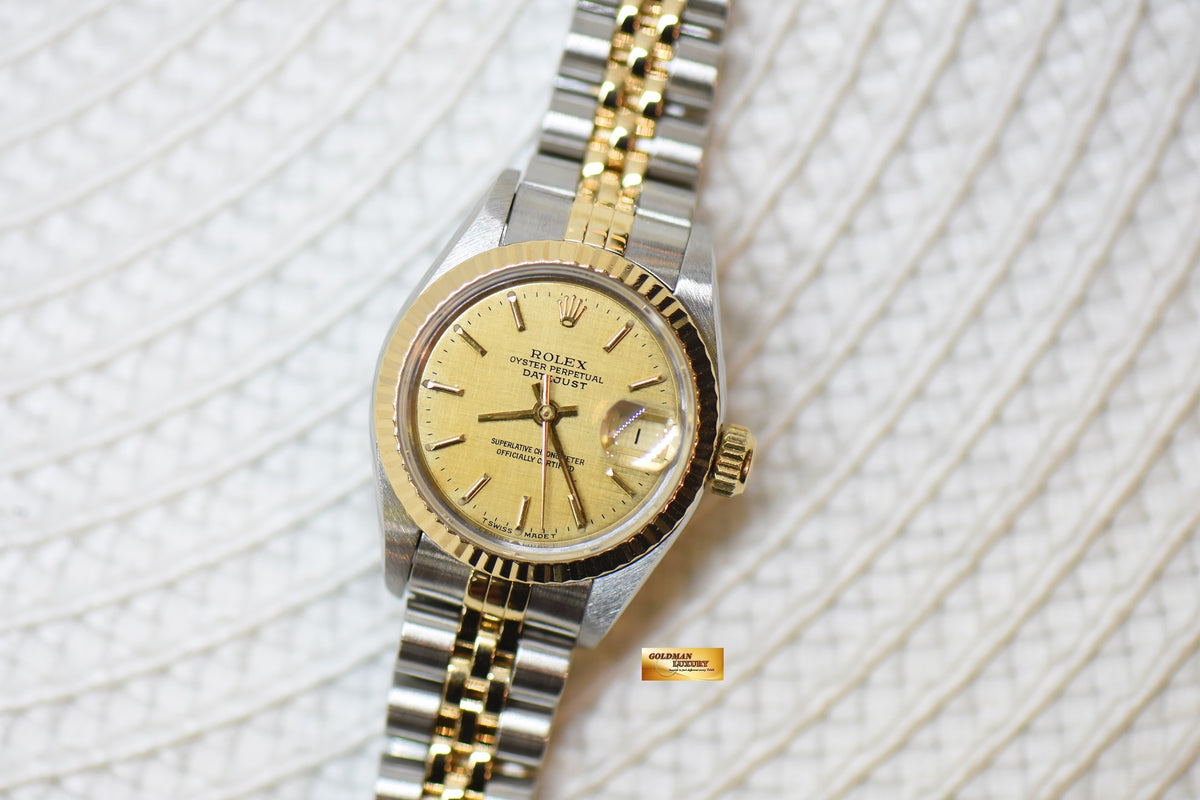 [SOLD] ROLEX OYSTER DATEJUST 26mm HALF-GOLD IN JUBILEE BRACELET GOLD LINEN DIAL 69173 (MINT)