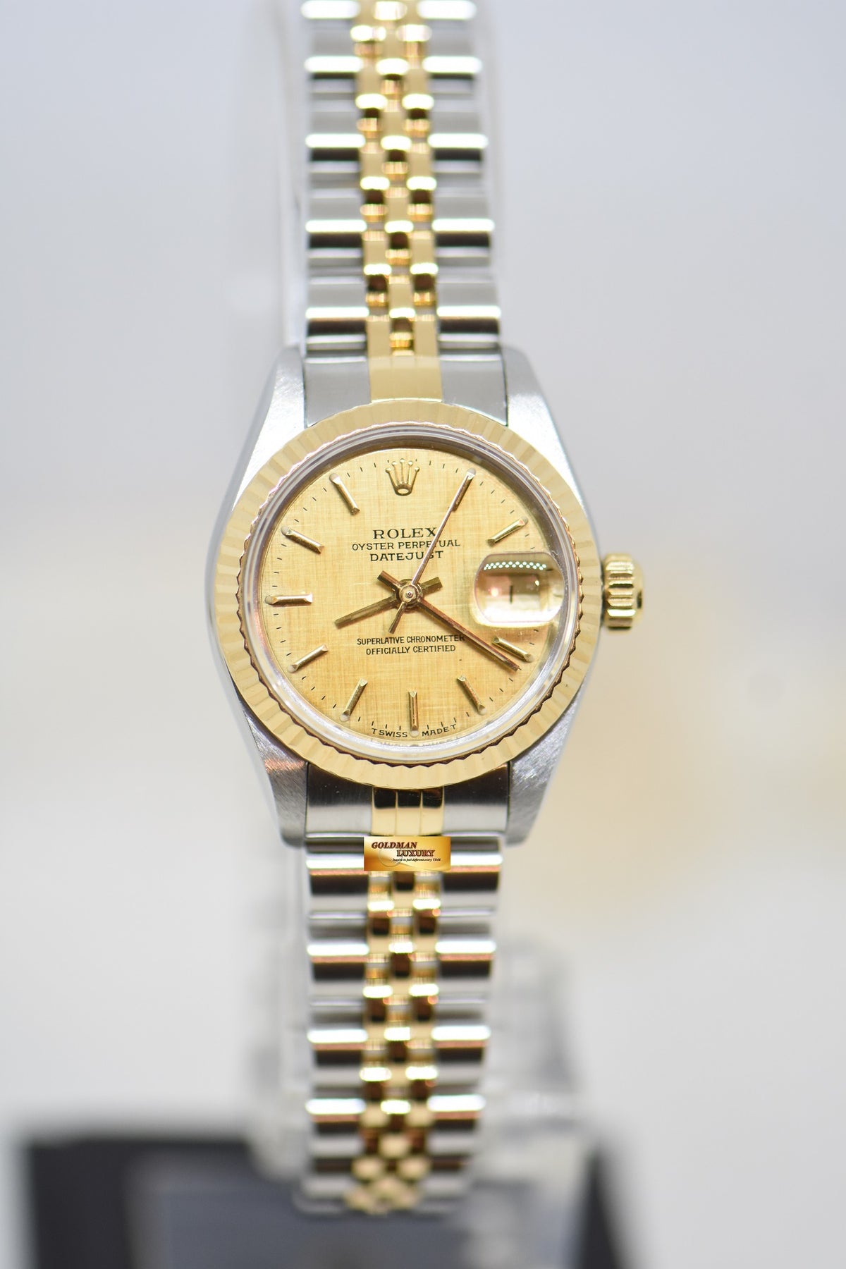 [SOLD] ROLEX OYSTER DATEJUST 26mm HALF-GOLD IN JUBILEE BRACELET GOLD LINEN DIAL 69173 (MINT)