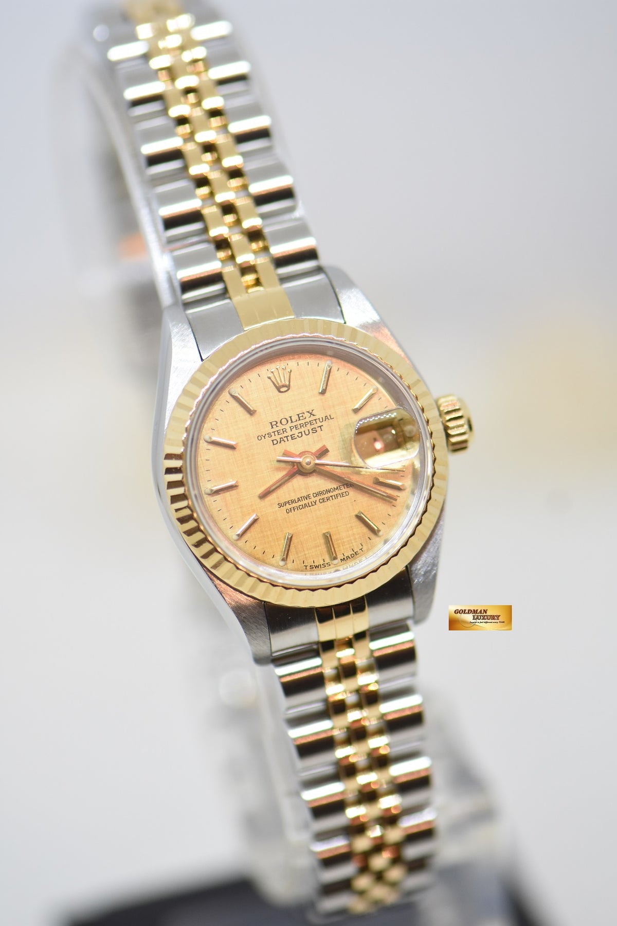 [SOLD] ROLEX OYSTER DATEJUST 26mm HALF-GOLD IN JUBILEE BRACELET GOLD LINEN DIAL 69173 (MINT)