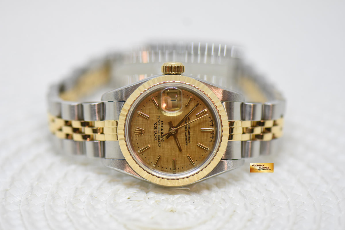 [SOLD] ROLEX OYSTER DATEJUST 26mm HALF-GOLD IN JUBILEE BRACELET GOLD LINEN DIAL 69173 (MINT)