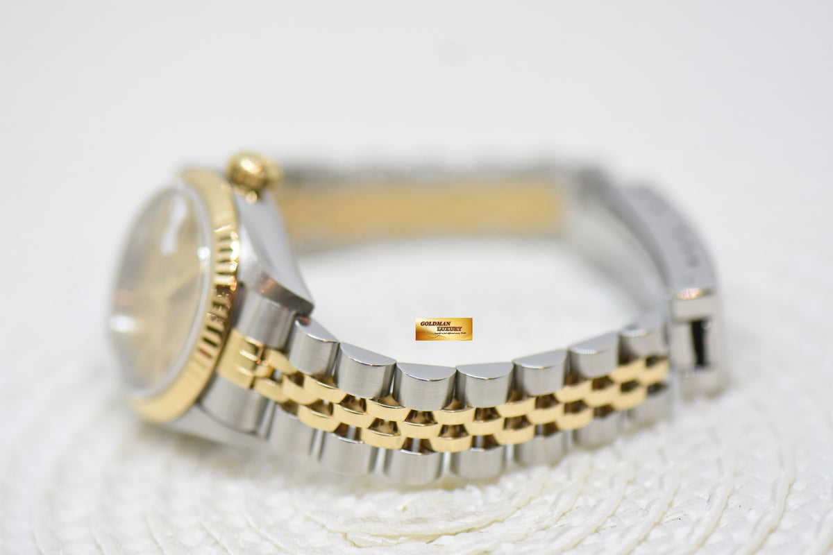 [SOLD] ROLEX OYSTER DATEJUST 26mm HALF-GOLD IN JUBILEE BRACELET GOLD LINEN DIAL 69173 (MINT)